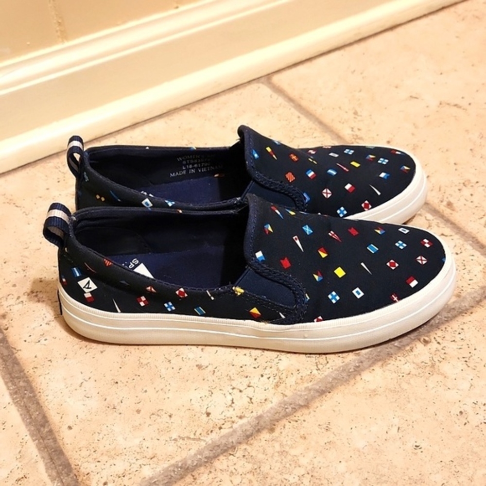 Sperry Women's Dark Blue Slip-on Shoes w/ Nautical Symbols Size 6